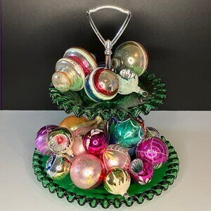 Fenton Emerald Green Glass Ruffled Two Tier Tidbit Serving Tray. #7296